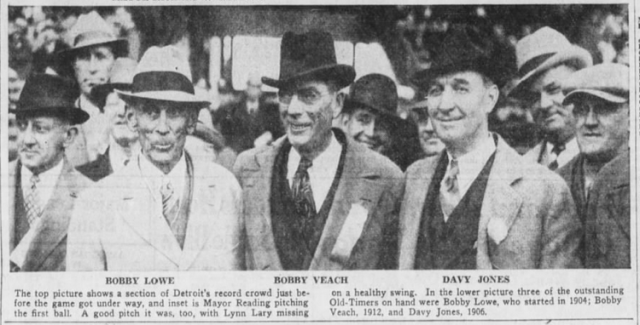 1938 -- 04-23 - PHOTO - Eddie Cicotte with old-timers at Briggs Stadium - Opening Day - Detroit Free Press