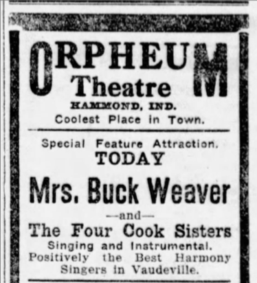 2018-1918 -- 06-04 Mrs Buck Weaver and Cook Sisters ad - Munster Times
