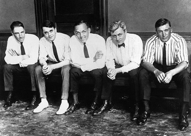 From left, Swede Risberg, attorney Michael Ahern, Buck Weaver, attorney Thomas Nash, and Happy Felsch take a break during the Black Sox criminal trial in July 1921. In the months leading up to their trial, Risberg, Felsch, Joe Jackson, Chick Gandil, and Lefty Williams formed an independent team that played baseball at the White City Amusement Park in Chicago. (Photo: BlackBetsy.com)