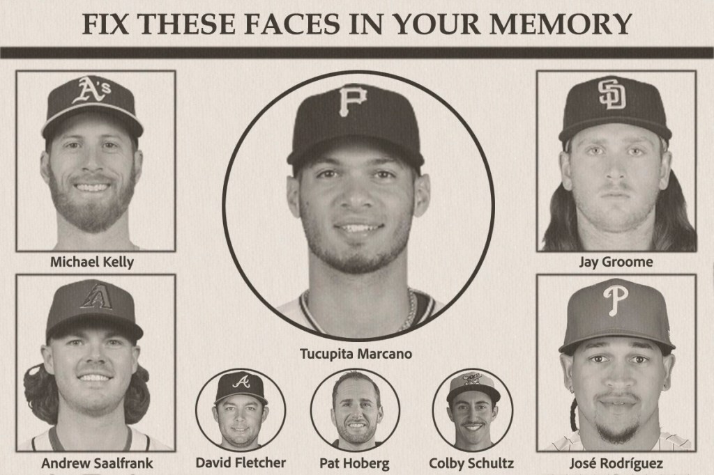 Photo collage titled 'Fix These Faces In Your Memory' with images of Tucupita Marcano, Michael Kelly, Jay Groome, Andrew Saalfrank, José Rodríguez, David Fletcher, Colby Schultz, and Pat Hoberg